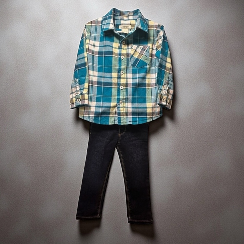 Boys Plaid Shirt in Teal and Yellow and Slim Straight Jean